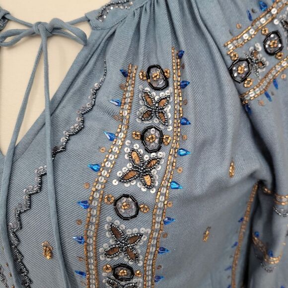 Raga Peasant Phoenix Blouse Beaded Blue Women's Size Large Viscose - Picture 2 of 12